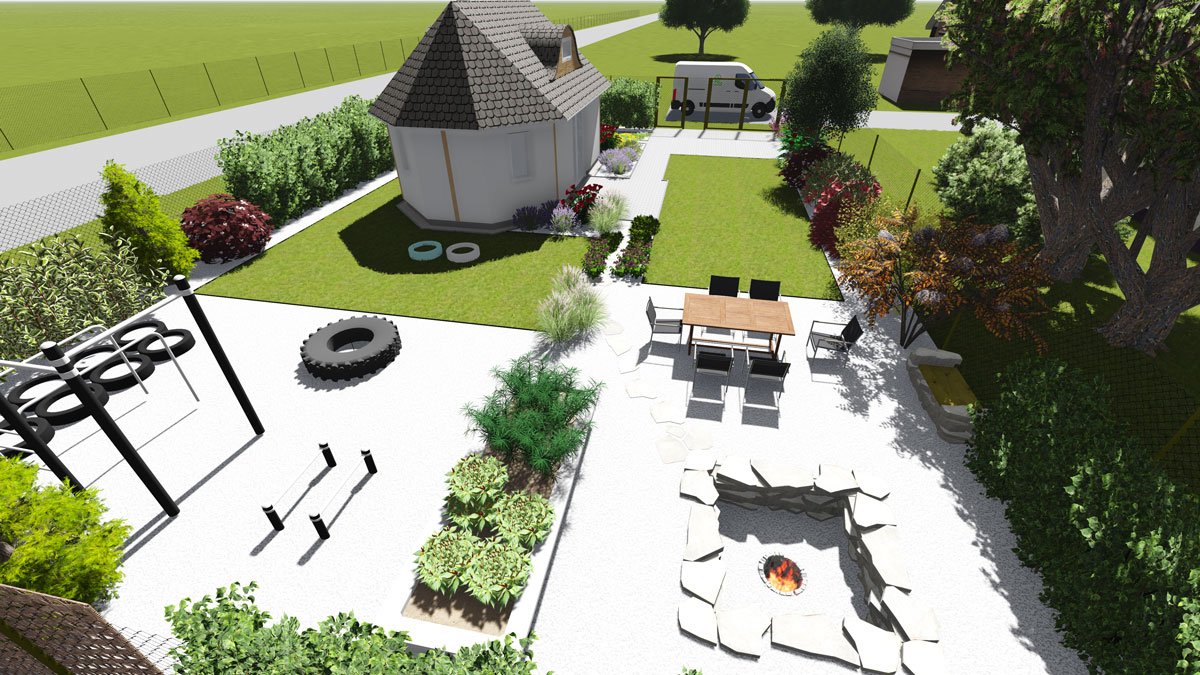 vizualizace zahrady s workoutovým hřištěm a částí pro sezení
