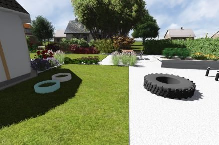vizualizace zahrady s workout hřištěm a s traktorovou pneumatikou