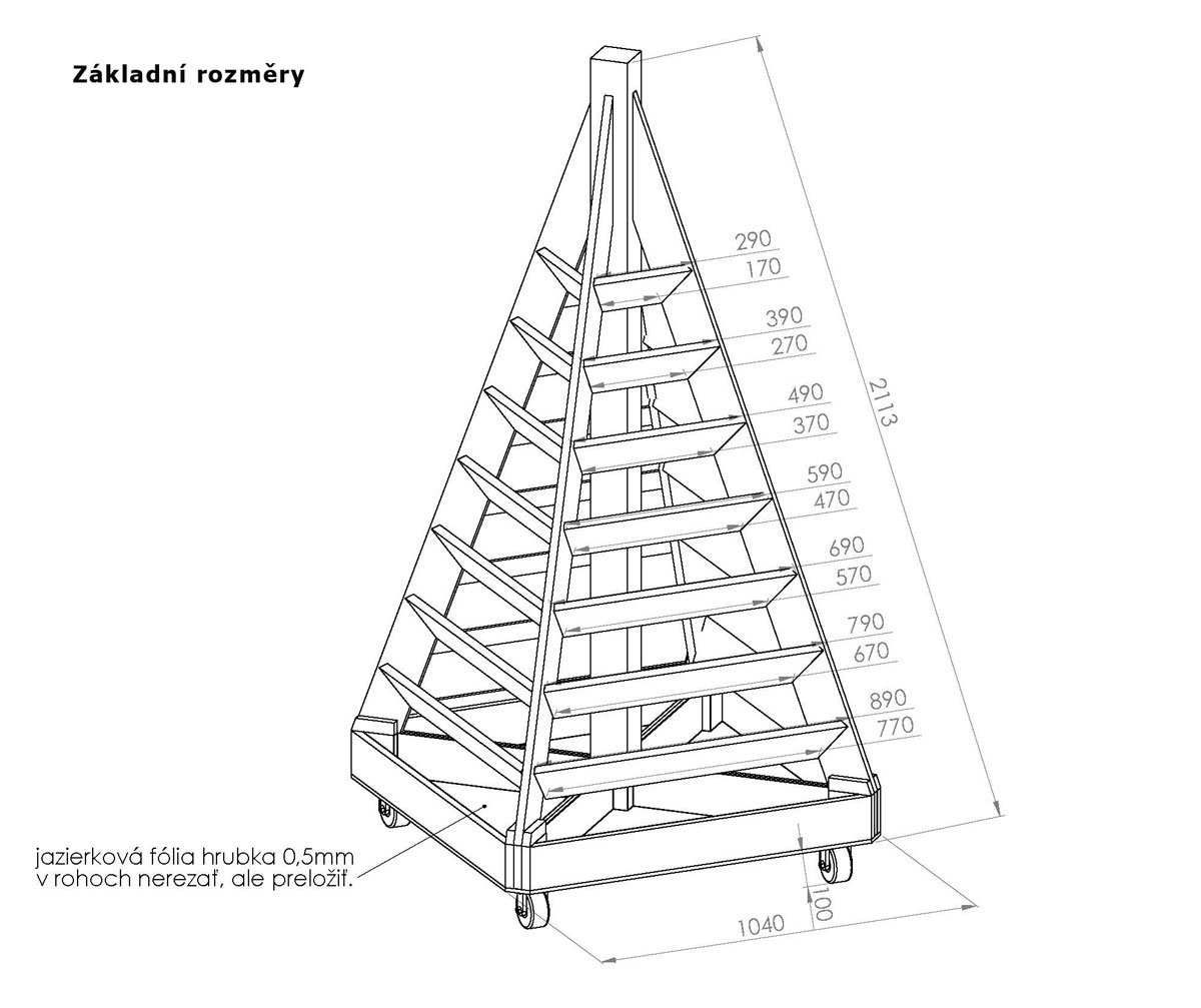 technický nákres pyramidového záhonu se základními rozměry