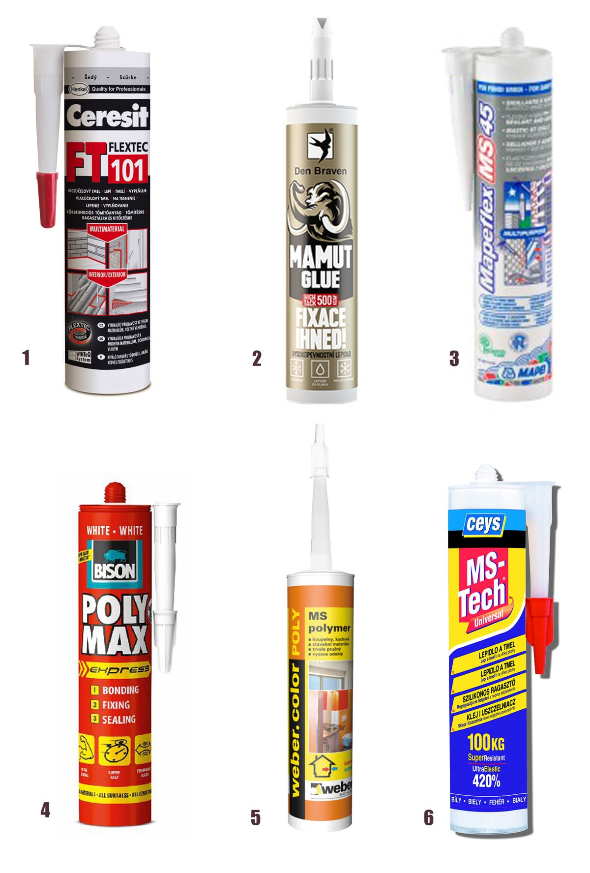 produkty tmelů FT 101, Mamut Glue, Mapleflex MS 45, Poly Mas Express, MS TECH, Weber.color Poly