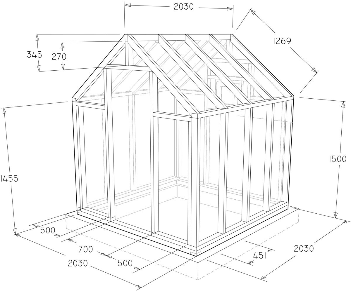 technický nákres skeletu skleníku, rozměry