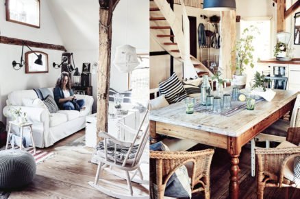 zrekonstruovaná zemědělská usedlost v rustikálním stylu, obývací pokoj v bílé barvě a jídelna s dřevěným nábytkem