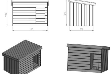 Schéma rozměrů boudy pro psa: kompletní bouda