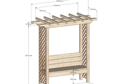 Schéma rozměrů pergoly s lavičkou