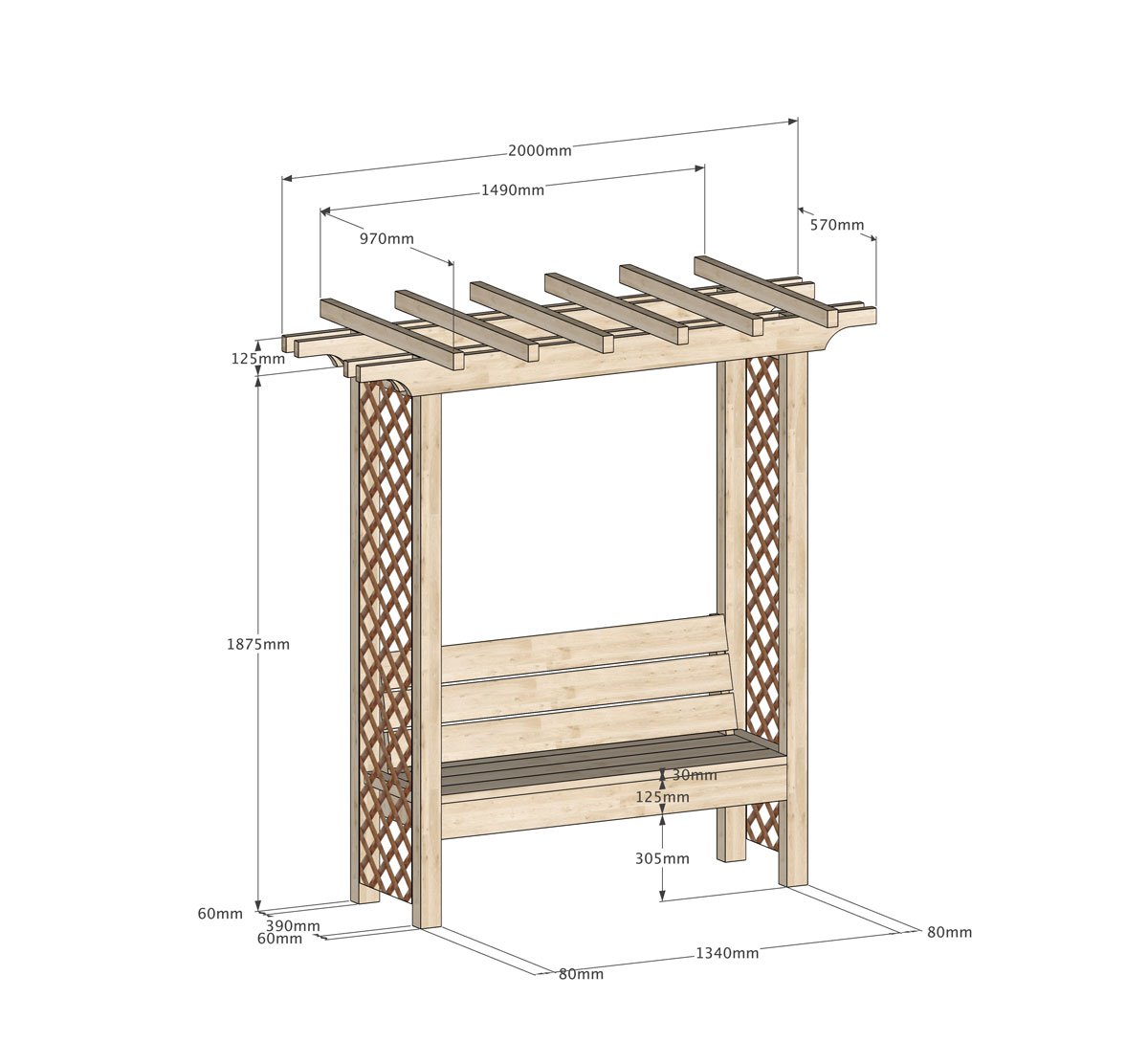 Schéma rozměrů pergoly s lavičkou