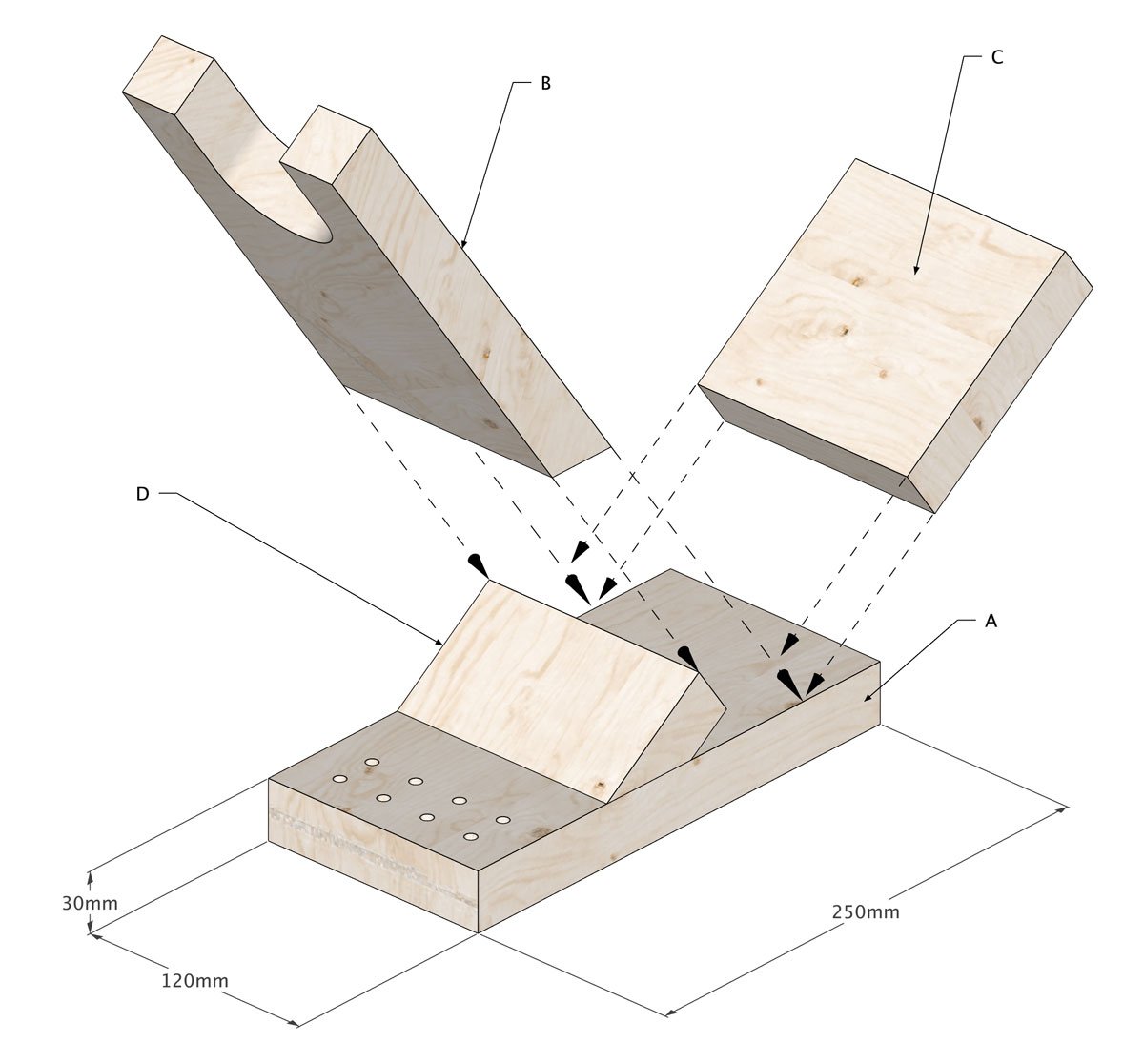 schéma s rozměry pro zhotovení stojanu pro AKU šroubováku