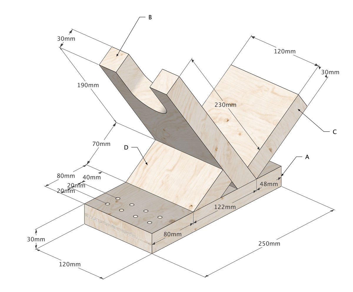 schéma s rozměry pro zhotovení stojanu pro AKU šroubováku