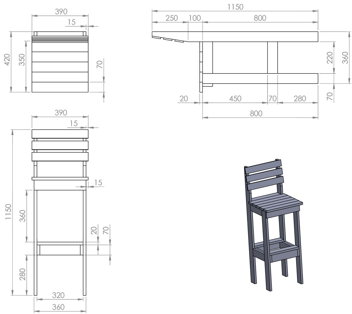 Schéma rozměrů dřevěné barové židle