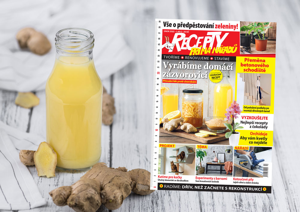 nápoj ze zázvoru, kořen zázvoru a časopis Recepty prima nápadů