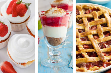 Jahodové muffiny, jahodovo-rebarborové trifle, rebarborovo-jahodový mřížovník
