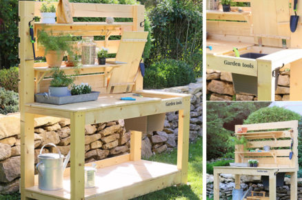 zahradní pracovní stolek svépomocně vyrobený ze dřeva
