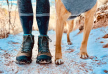 lidské nohy a psí tlapky v zimě