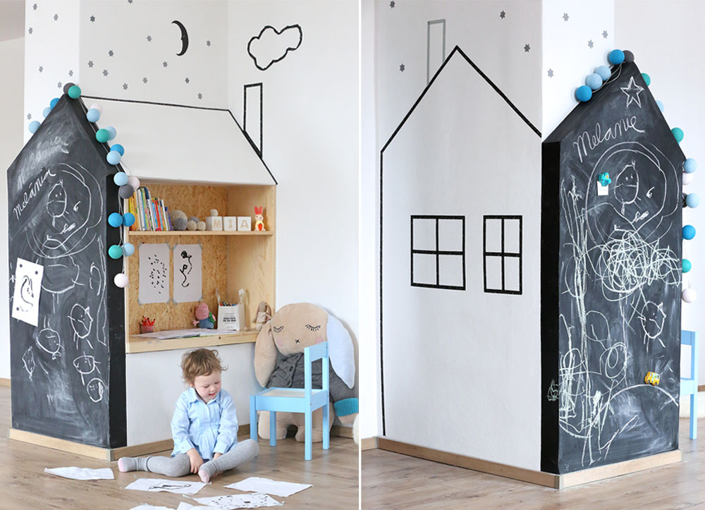 Dětský domek s magnetickou stěnou a odkládacím prostorem vyrobený z pórobetonových tvárnic