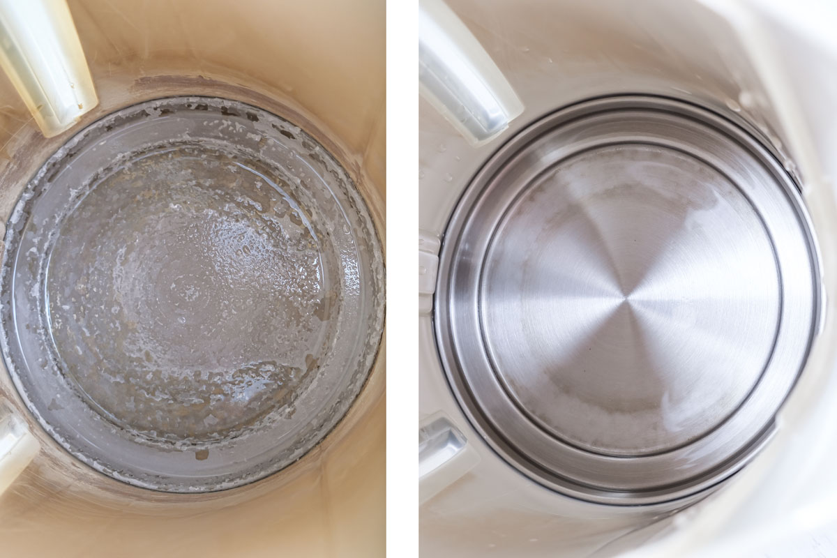 před a po čistá a špinavá rychlovarná konvice 