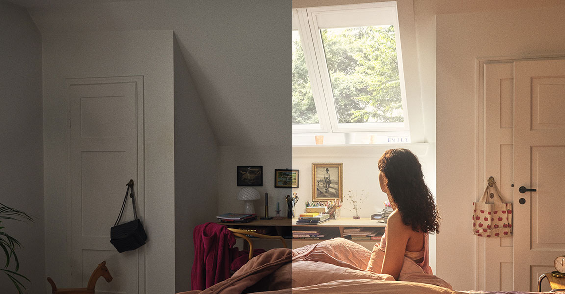 Žena sedící na posteli a dívá se z okna