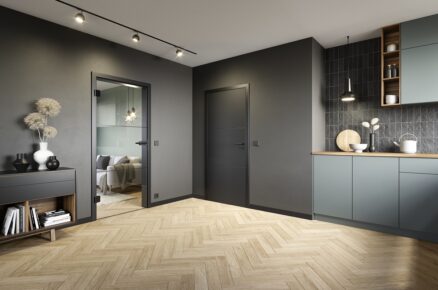 Interiér s prosklenými dveřmi Loft Design a dřevěnými dveřmi Signum