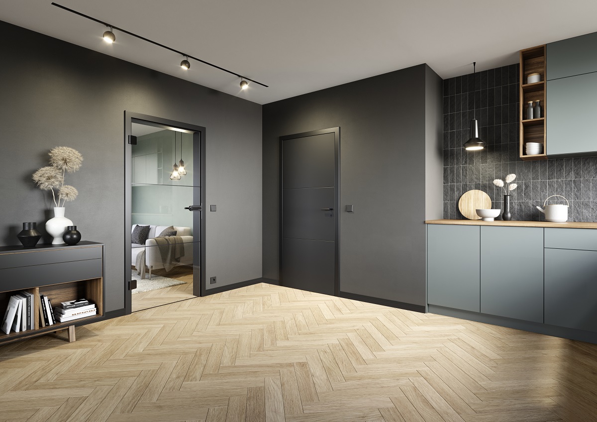 Interiér s prosklenými dveřmi Loft Design a dřevěnými dveřmi Signum