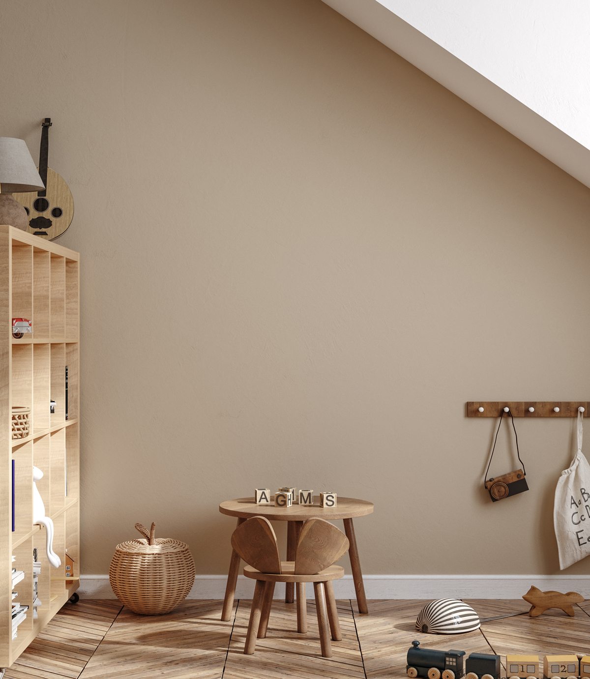 09Farby shutterstock 2134140083 Inspirace na použití teplých odstínů barev v dětském pokoji, béžová malba na stěně, přírodní materiály v interiéru.