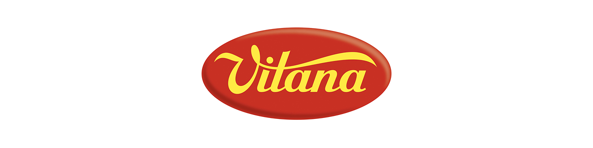 Logo Vitana – žlutý nápis na červeném oválu.