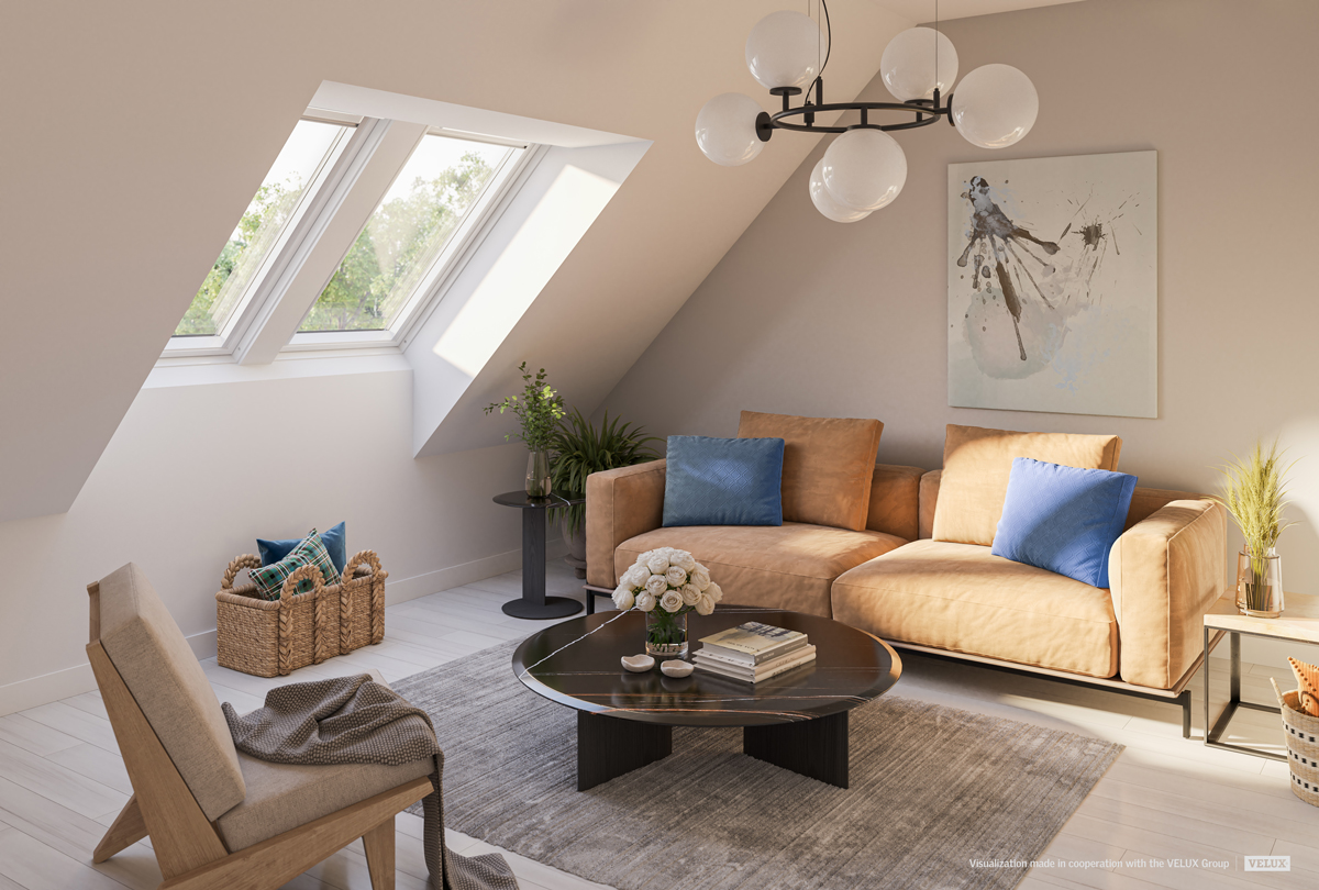 Podkrovní obývací pokoj s pohovkou a moderním osvětlením, střešní okna VELUX přinášejí do prostoru jas a vzdušnost.