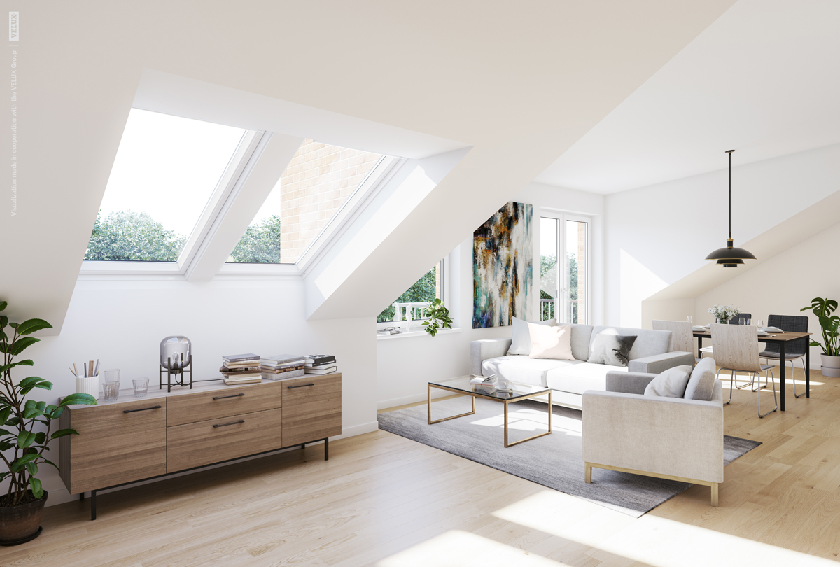 Elegantní podkrovní byt s jídelnou a obývací částí, střešní okna VELUX zajišťují dostatek denního světla.