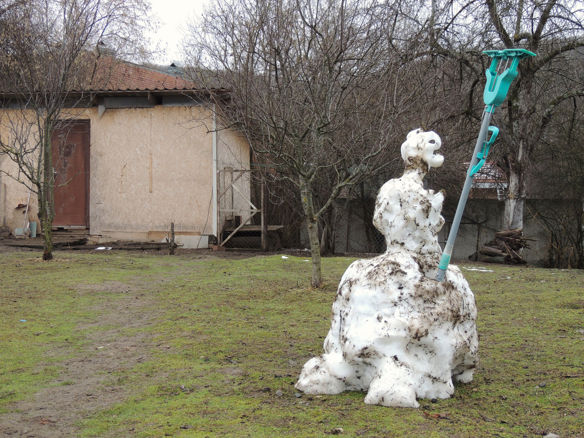 jaro Zahrada na konci zimy s tajícím sněhulákem, připravená na jarní obnovu trávníku.