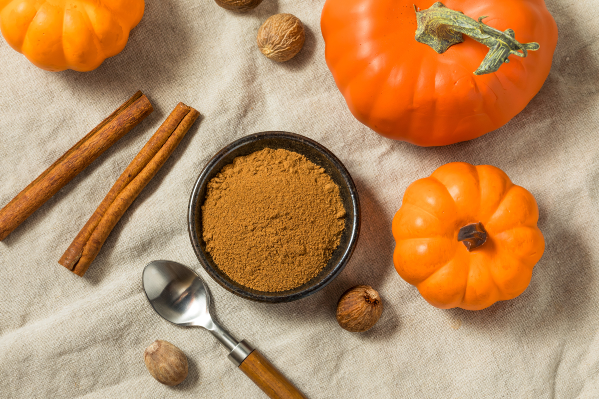 dynove koreni Miska s dýňovým kořením obklopená skořicí, muškátovým oříškem a malými dýněmi na plátně.