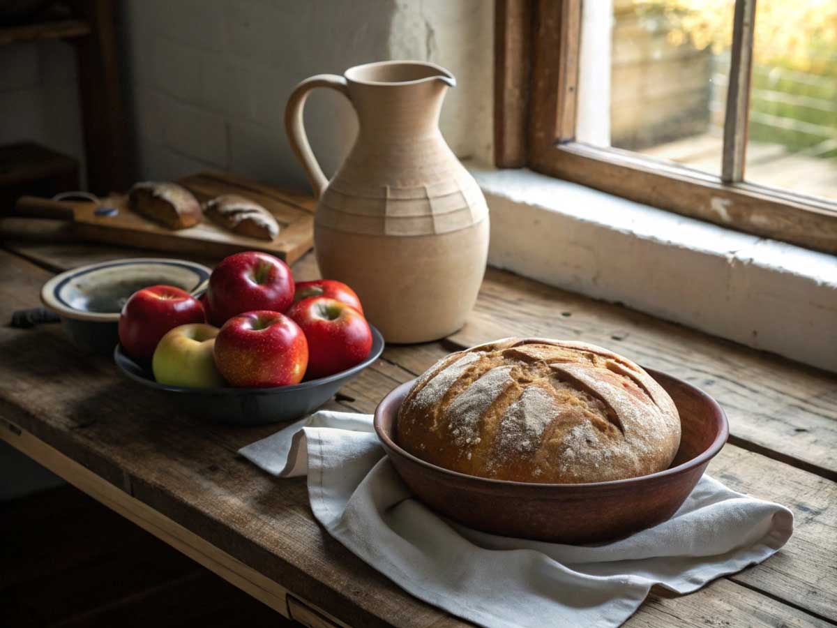 tradicni jidlo Čerstvě upečený domácí chléb, mísa jablek a keramický džbán na rustikálním stole.