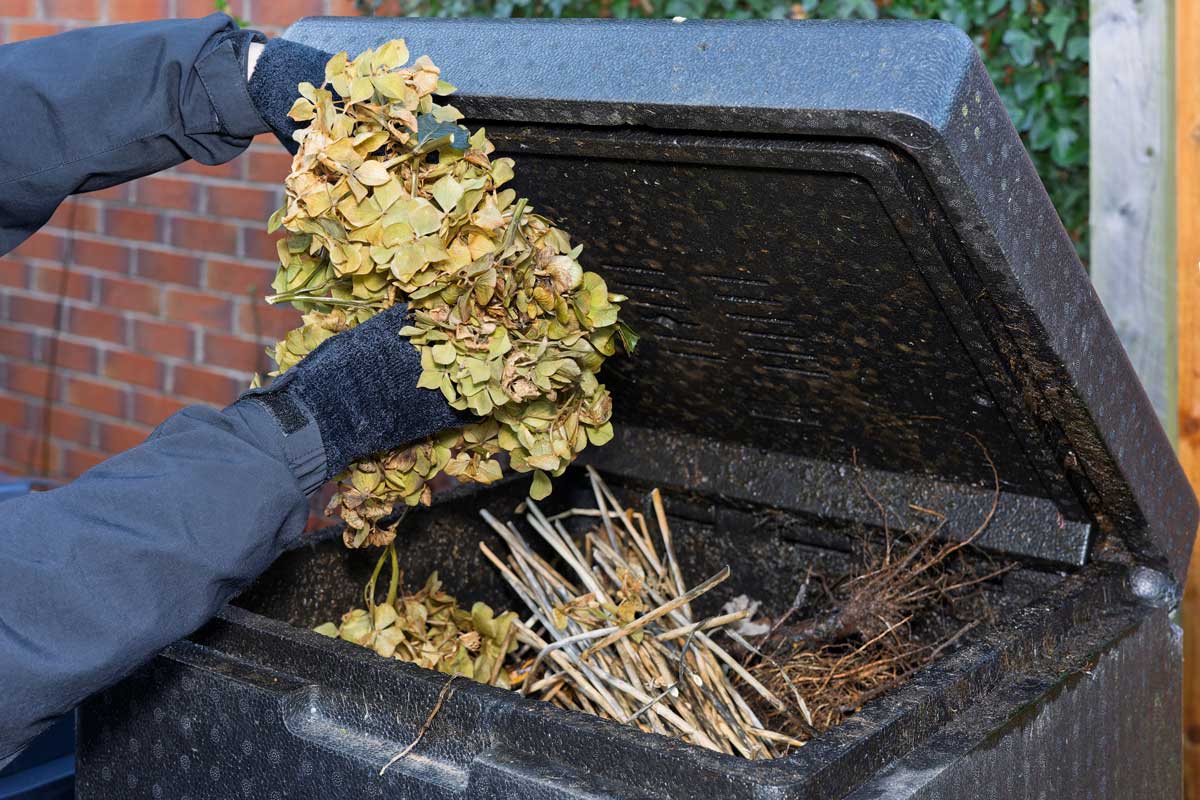 vrstva sucheho kompostu suché listí a zahradní materiál přidávaný do kompostéru v zimě