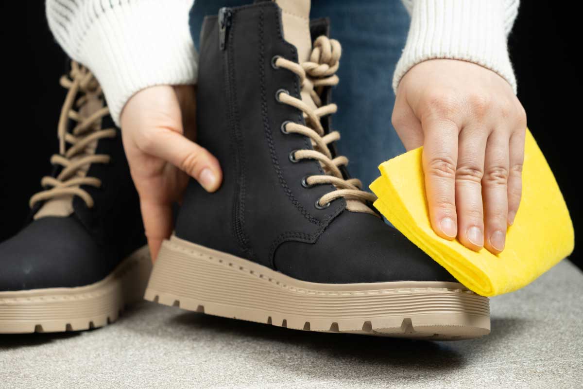 Zimní kožené boty s kartáčem, hadříkem a krémem na stole