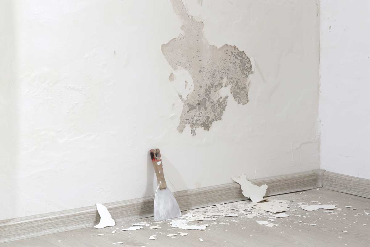 Poškozená omítka a odlupující se malba vlivem vlhkosti