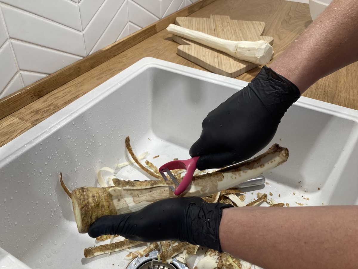 Loupání křenu škrabkou na zeleninu při přípravě na strouhání nebo mrazení.