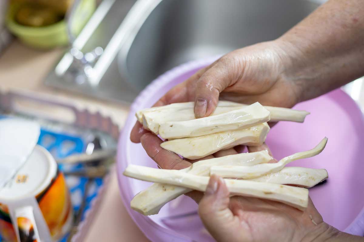 Očištěný křen nakrájený na menší kusy připravený k uložení do mrazáku.