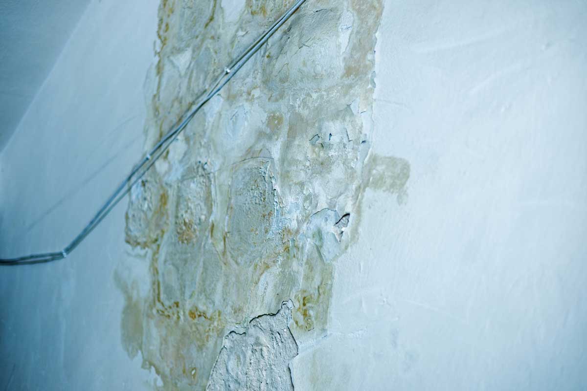 vlhka zed Vlhká zeď v chalupě se stopami zatékání a poškozenou omítkou po zimním období