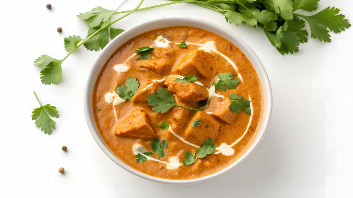 Krémové butter chicken s koriandrem v husté rajčatovo-smetanové omáčce podávané jako hřejivý low carb pokrm.