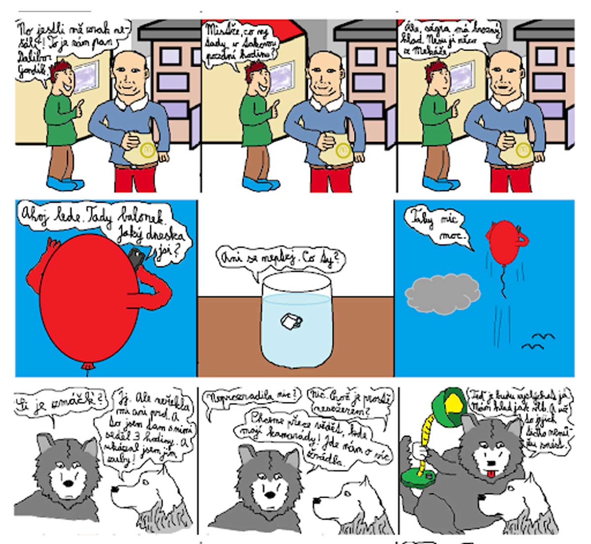 Komiksová šifra využívající obrázky a dialogy jako součást luštitelského zadání.