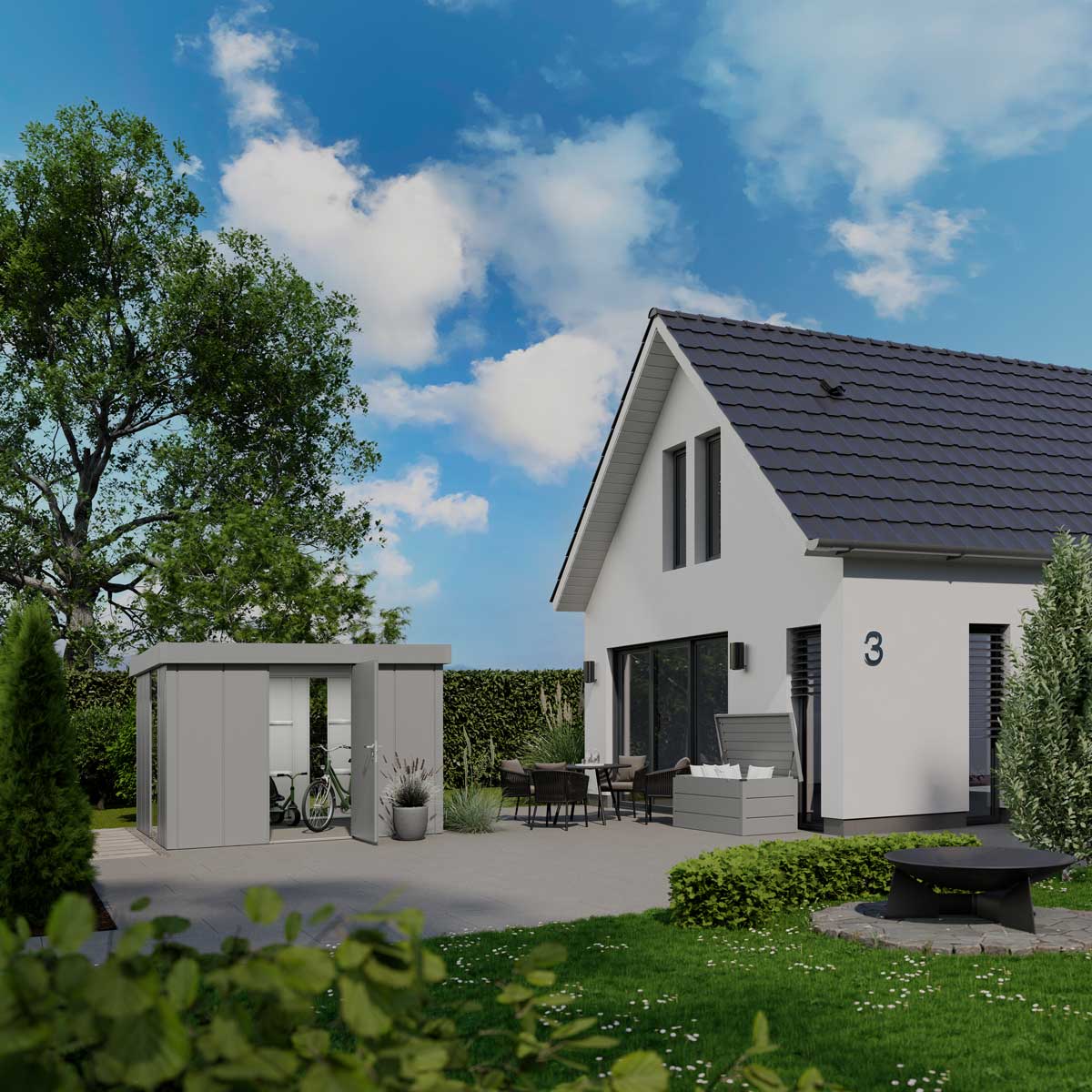 Zahradní domek Juno v elegantním provedení s prosklením, doplněný zahradním úložným boxem Juno.