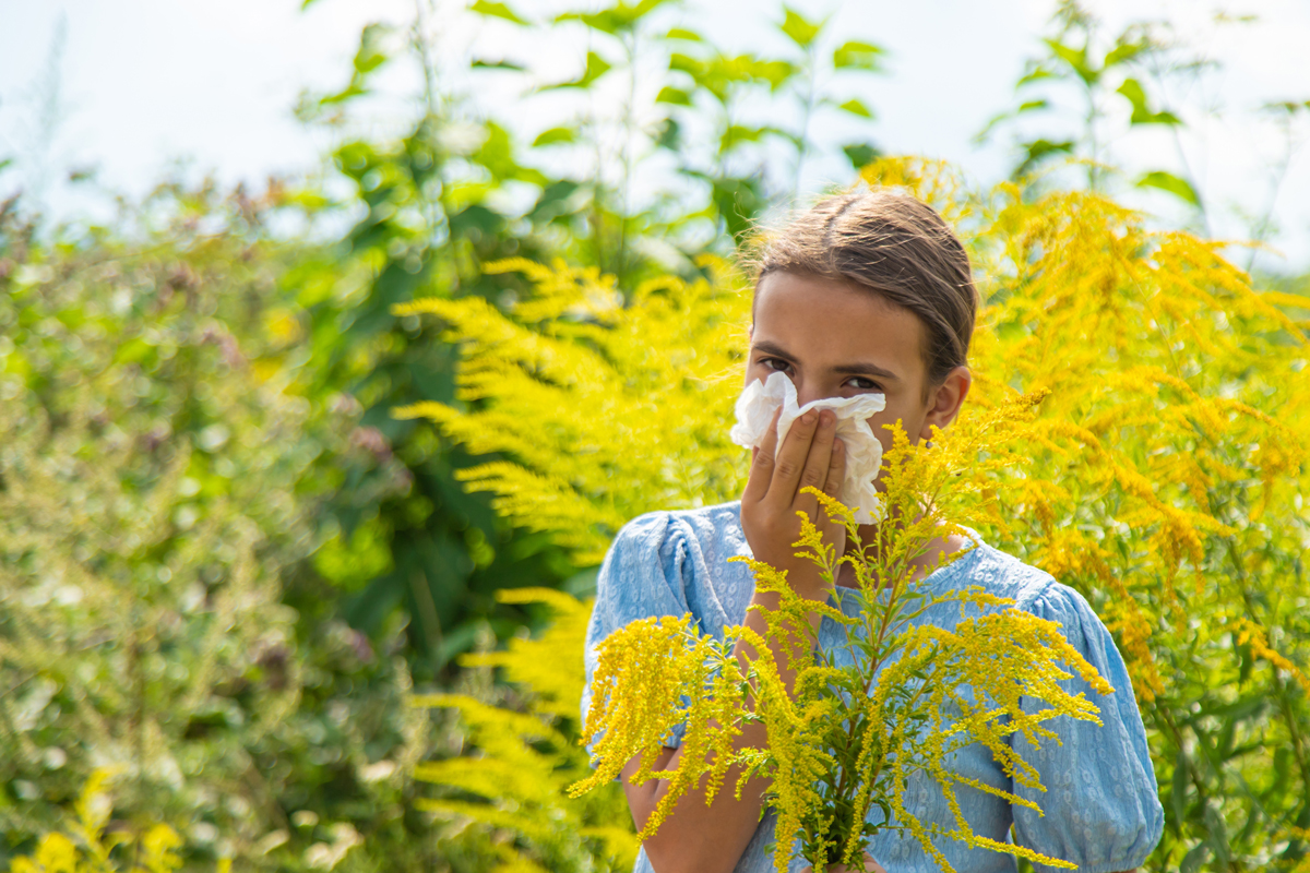 Žena v zahradě smrká mezi žlutě kvetoucími rostlinami, které mohou u citlivých lidí vyvolávat alergickou