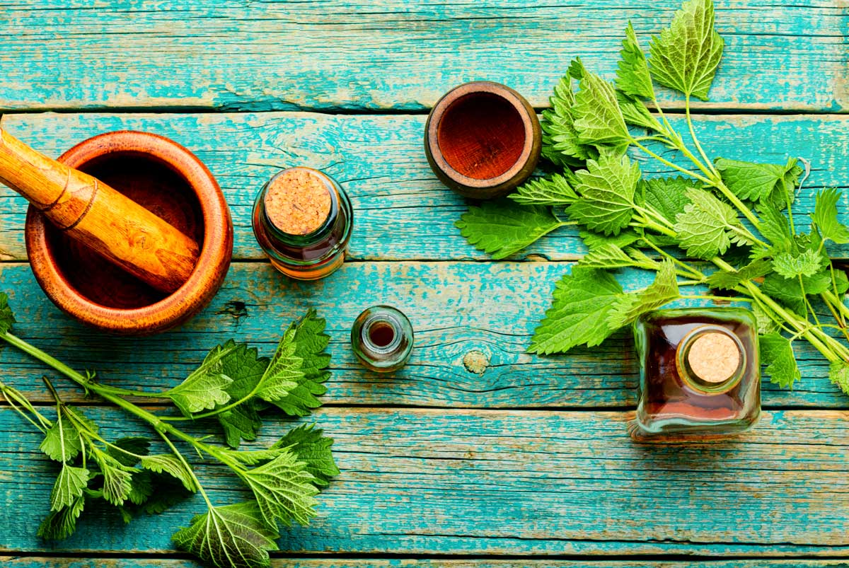 Domácí příprava kopřivového oplachu s bylinkami a lahvičkami ukazuje jednoduchý způsob jak vytvořit přírodní vlasovou péči