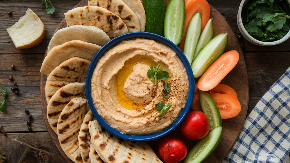 hummus Domácí hummus podávaný se zeleninou a pita chlebem tvoří výživnou svačinu bohatou na bílkoviny.