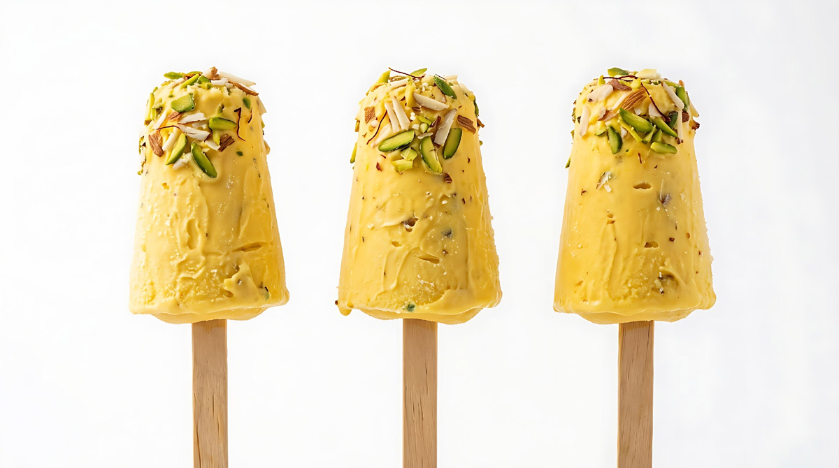 Elaichi kulfi Elaichi kulfi s kardamomem je ozdobené pistáciemi a mandlemi. Kardamom dodává této tradiční indické zmrzlině charakteristickou kořeněnou vůni.
