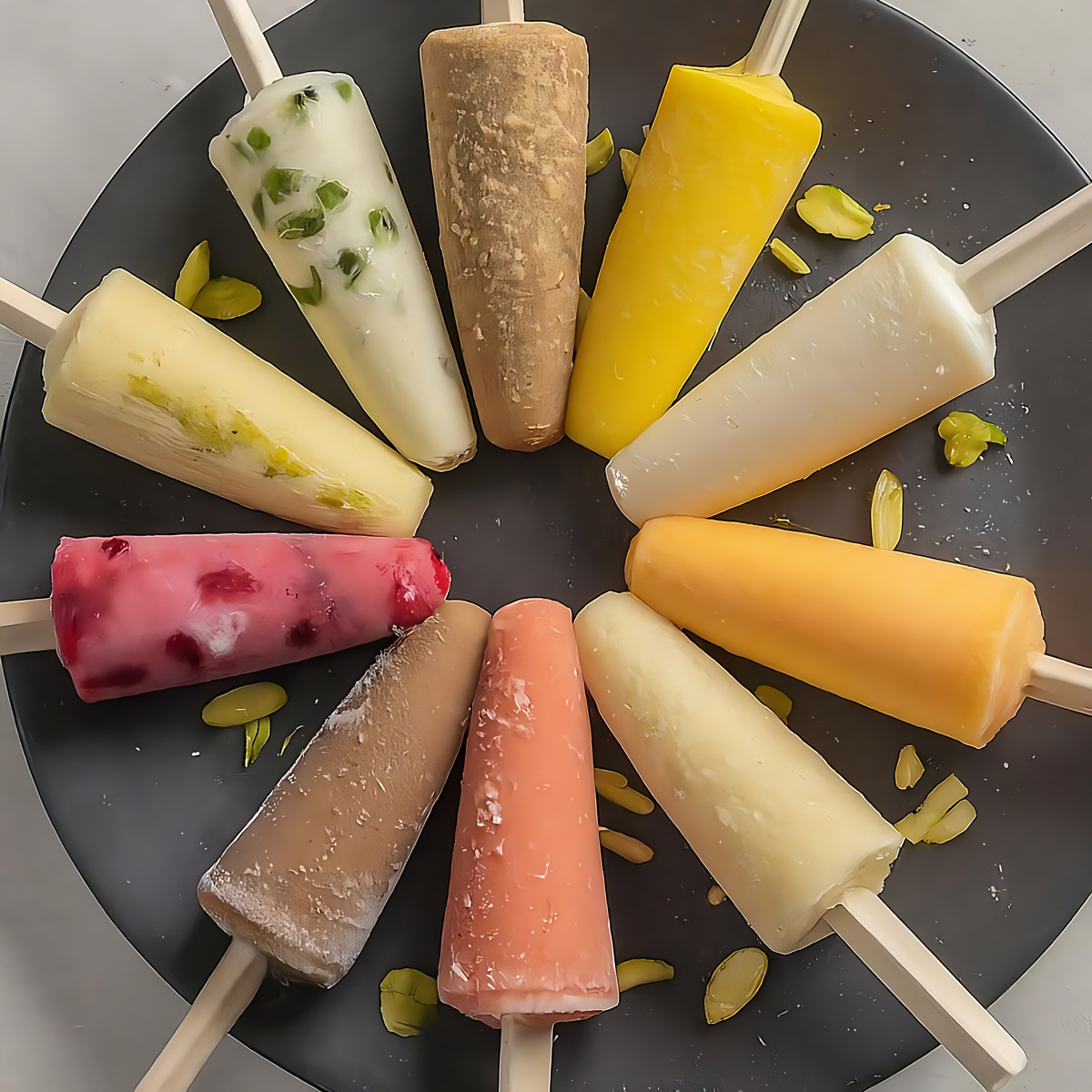 druhy kulfi Různé druhy kulfi ukazují, jak pestré mohou být příchutě této indické zmrzliny. Nechybí pistáciové, mangové, růžové ani čokoládové varianty.