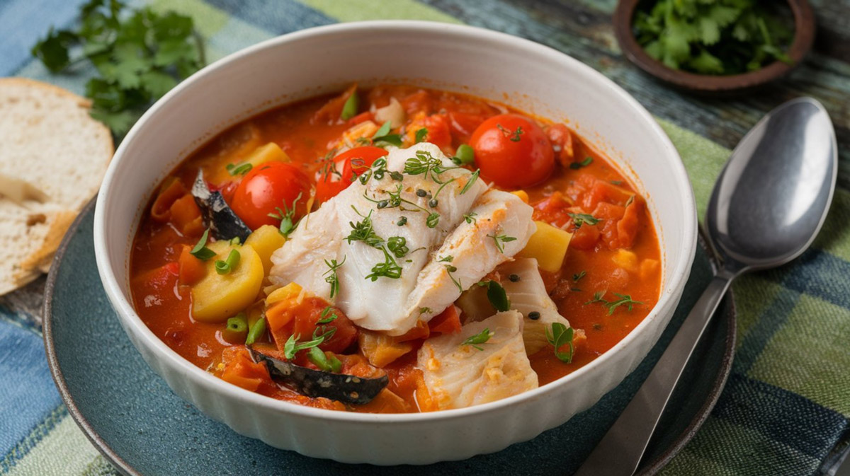rybi gulas Rybí guláš z tilapie s rajčaty, bramborami a čerstvými bylinkami představuje lehčí variantu klasického guláše inspirovanou moderní kuchyní.