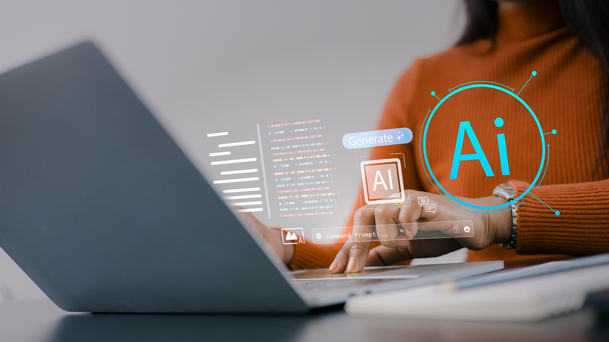 AI jako interierovy designer 1 Žena pracující na notebooku s grafickým znázorněním umělé inteligence a digitálním rozhraním pro zadávání pokynů a generování obsahu.