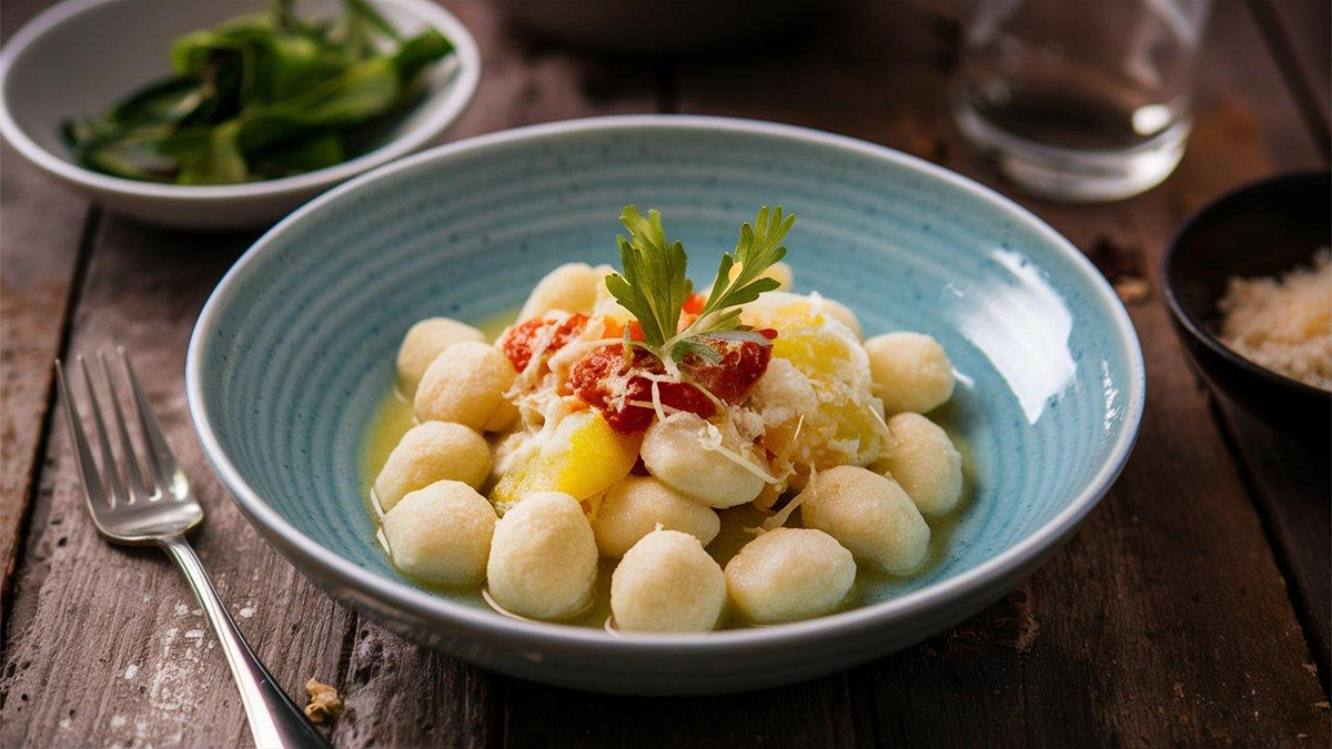 ricottove gnocchi 1 Ricottové noky podávané se strouhaným sýrem a dalšími ingrediencemi v modrém talíři.